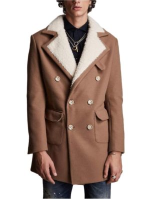 STEFAN Ανδρικό κάμελ παλτό, γούνινο γιακά, τσέπες, κλείσιμο με κουμπιά 7507., Χρώμα Καφέ, Μέγεθος 54
