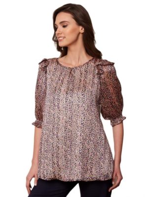 ANNA RAXEVSKY Γυναικεία εμπριμέ μουσελίνα μπλούζα με lurex B21136, Χρώμα Πολύχρωμο, Μέγεθος L