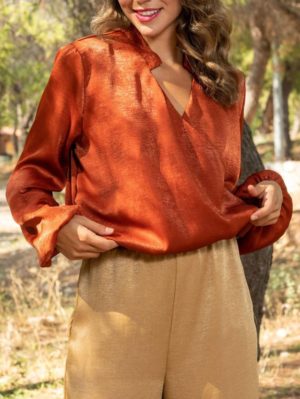 ESQUIVO Γυναικείο κεραμιδί κρουαζέ σατέν αμπιγέ μπλουζάκι, Μέγεθος M