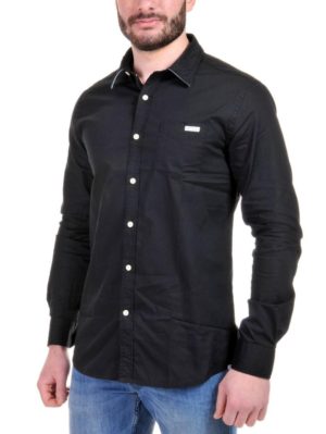 FUNKY BUDDHA Ανδρικό μαύρο πουκάμισο, τσεπάκι, ρίγα γιακά, Χρώμα Μαύρο, Μέγεθος L