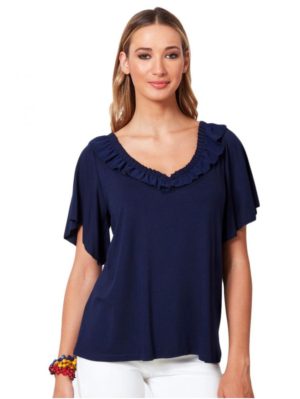 ANNA RAXEVSKY Γυναικεία μπλέ κοντομάνικη μπλούζα από μουσελίνα B21134 BLUE, Χρώμα Μπλε Σκούρο, Μέγεθος XS