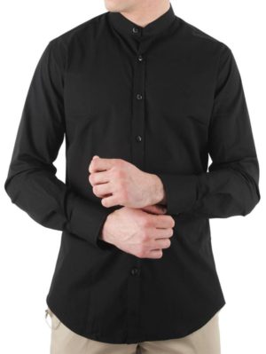 STEFAN Ανδρικό μαύρο μάο slim fit πουκάμισο, χωρίς τσέπη, Χρώμα Μαύρο, Μέγεθος L
