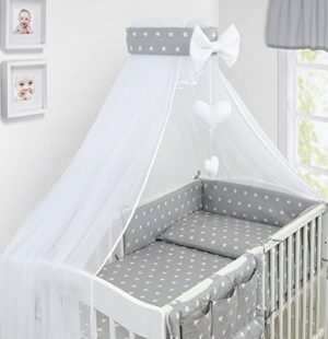 Luxury Σετ Προίκας Μωρού για Κούνια 10 τμχ OEM με Κουνουπιέρα 120 x 60 cm - Stars Grey (710205)