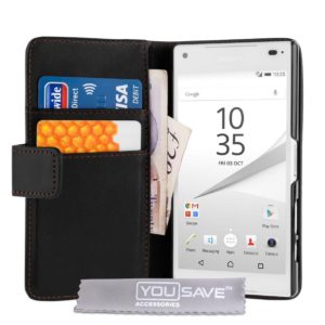 YouSave Accessories Θήκη- Πορτοφόλι για Sony Xperia Z5 Compact by YouSave μαύρη και δώρο screen protector