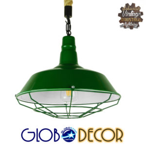 GloboStar® ELEDA 01408 Vintage Industrial Κρεμαστό Φωτιστικό Οροφής Μονόφωτο 1 x E27 Πράσινο Λευκό Μεταλλικό Καμπάνα Πλέγμα με Μπεζ Σχοινί Φ36 x Υ31cm