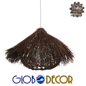 GloboStar® MAGIE 01600 Vintage Κρεμαστό Φωτιστικό Οροφής Μονόφωτο 1 x E27 Καφέ Σκούρο Ξύλινο Ψάθινο Rattan Φ50 x Υ30cm