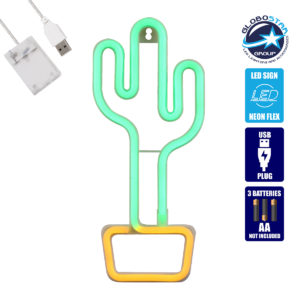 GloboStar® 78574 Φωτιστικό Ταμπέλα Φωτεινή Επιγραφή NEON LED Σήμανσης CACTUS 5W με Καλώδιο Τροφοδοσίας USB - Μπαταρίας 3xAAA (Δεν Περιλαμβάνονται) - Πράσινο - Κίτρινο