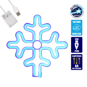 GloboStar® 78580 Φωτιστικό Ταμπέλα Φωτεινή Επιγραφή NEON LED Σήμανσης SNOWFLAKE 5W με Καλώδιο Τροφοδοσίας USB - Μπαταρίας 3xAAA (Δεν Περιλαμβάνονται) - Γαλάζιο