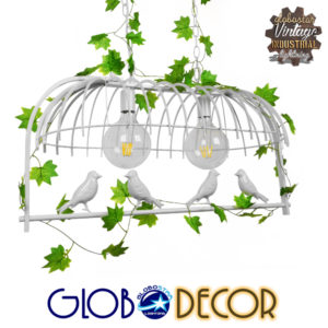 GloboStar® ESSENCE 01644 Vintage Industrial Κρεμαστό Φωτιστικό Οροφής Δίφωτο 2 x E27 Λευκό Μεταλλικό Πλέγμα Μ73.6 x Π37.5 x Y38cm