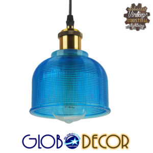 GloboStar® SEGRETO 01452 Vintage Κρεμαστό Φωτιστικό Οροφής Μονόφωτο 1 x E27 Μπλε Γυάλινο Διάφανο Καμπάνα με Χρυσό Ντουί Φ14 x Υ18cm