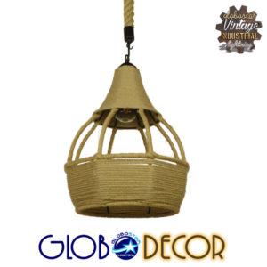 GloboStar® KUBRIC 01605 Vintage Κρεμαστό Φωτιστικό Οροφής Μονόφωτο 1 x E27 Μπεζ Καμπάνα με Σχοινί Φ30 x Υ40cm