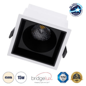 GloboStar® PLUTO-B 60276 Χωνευτό LED Spot Downlight TrimLess Μ10.4xΠ10.4cm 15W 1950lm 38° AC 220-240V IP20 Μ10.4 x Π10.4 x Υ6.5cm - Τετράγωνο - Λευκό με Μαύρο Κάτοπτρο & Anti-Glare HoneyComb - Φυσικό Λευκό 4500K - Bridgelux COB - 5 Years Warranty