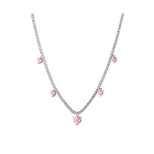 LOISIR - Κολιέ Happy Hearts μεταλλικό ασημί με ροζ ζιργκόν καρδιές και λευκά ζιργκόν 01L15-01686 Διάφανο Ροζ