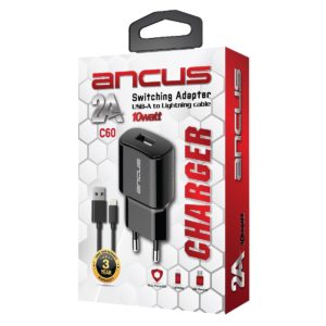 Φορτιστής Ταξιδίου Switching Ancus Supreme Series C60 USB 5V / 2A 10W με Αποσπώμενο Καλώδιο Lightning 1m Μαύρο