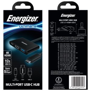 Hub Energizer USB-C HC303CV σε USB-A 3.0 + HDMI 4K + USB-C Μαύρο