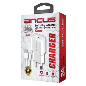 Φορτιστής Ταξιδίου Switching Ancus Supreme Series C60 USB 5V / 2A 10W με Αποσπώμενο Καλώδιο Lightning 1m Λευκό