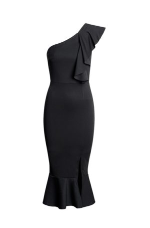 Μίντι κρέπ φόρεμα με βολάν και έναν ώμο - Μαύρο 52611 - Μαύρο