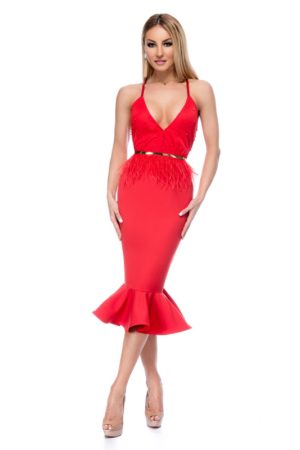 Εντυπωσιακό μίντι φόρεμα με πέρλες και ζώνη - Κόκκινο 9256 - Κοκκινο