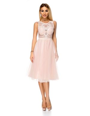 Mίντι πριγκιπικό φόρεμα με δαντέλα - Ροζ Απαλό 9324 - Ροζ