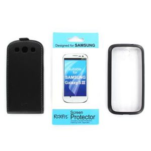 RoxFit Bundle Pack Flip Case + Gel Case + Screen Guard Black for Samsung i9300 Galaxy S3