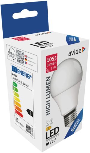 Avide LED Κοινή A60 9.5W E27 Ψυχρό 6400K Υψηλής Φωτεινότητας