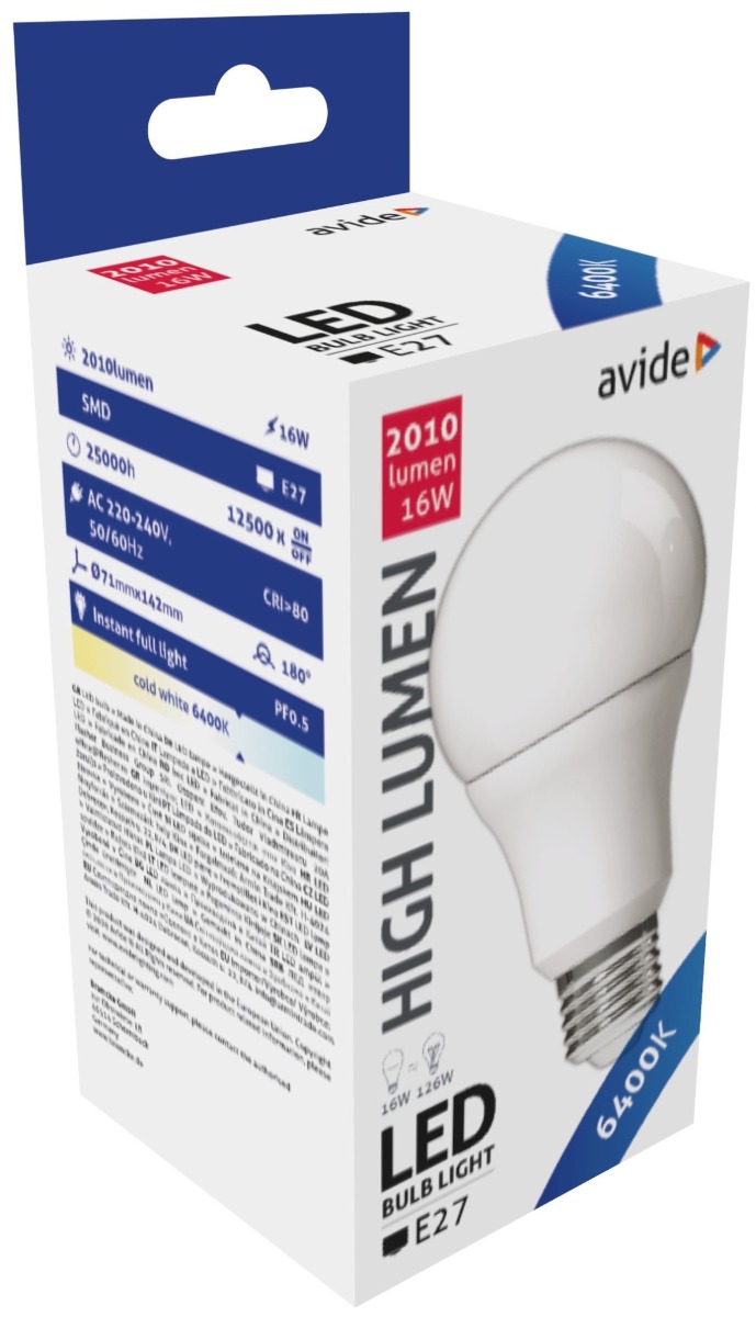 Avide LED Κοινή A70 16W E27 Ψυχρό 6400K Υψηλής Φωτεινότητας