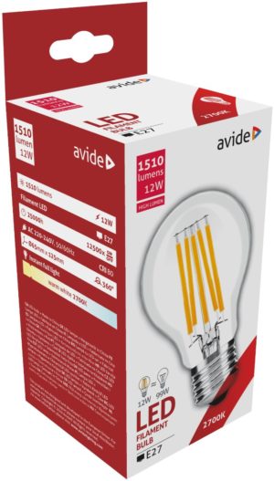 Avide LED Filament Κοινή 12W E27 A65 360° Θερμό 2700K Υψηλής Φωτεινότητας