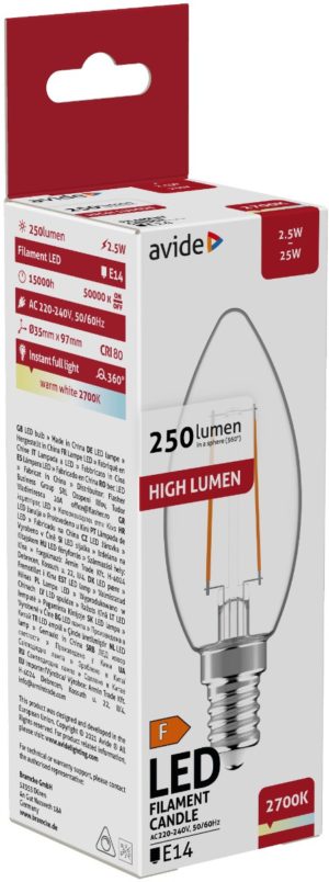 Avide LED Filament Κερί 2.5W E14 360° Θερμό 2700K Υψηλής Φωτεινότητας
