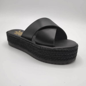 Xi Platform Black Leather Cross Strap Sandals