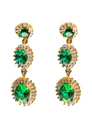 Εντυπωσιακά μακριά σκουλαρίκια ροζέτες από επιχρυσωμένο ασήμι με πράσινες και λευκές καρφωμένες πέτρες ζιργκόν