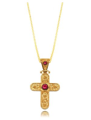 Βυζαντινός Σταυρός από επιχρυσωμένο ασήμι 925 με κόκκινες πέτρες ζιργκόν