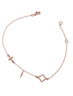 Διακριτικό βραχιόλι από ρόζ επιχρυσωμένο ασήμι με σταυρό τετράφυλλο και μαργαριτάρι