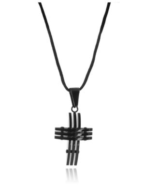 Μοντέρνο κολιέ ανδρικό με σταυρό σε μαύρο πλατινωμένο ατσάλι με αυξομειώμενο κορδόνι