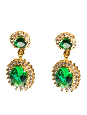 Εντυπωσιακά μακριά σκουλαρίκια ροζέτες από επιχρυσωμένο ασήμι με πράσινες και λευκές καρφωμένες πέτρες ζιργκόν