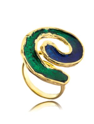 Χειροποίητο δαχτυλίδι με πρασινογάλαζο σμάλτο στο πάνω μέρος από επιχρυσωμένο ασήμι 925 σε αυξομειώμενο μέγεθος
