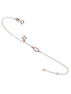 Βραχιόλι από ρόζ επιχρυσωμένο ασήμι με κύκλο και σταυρό και με πέτρες ζιργκόν