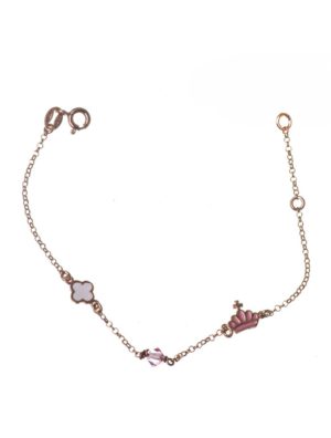Παιδικό βραχιόλι από ρόζ επιχρυσωμένο ασήμι με σταυρό και κορώνα