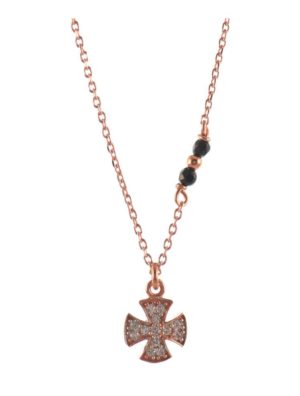 Κολιέ σταυρός από ρόζ επιχρυσωμένο ασήμι με πέτρες ζιργκόν