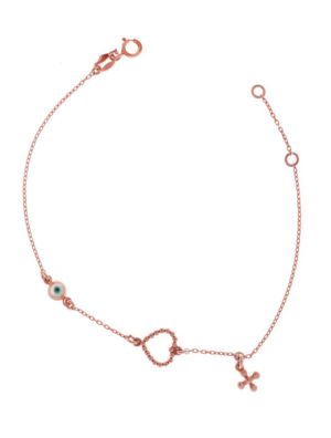 Διακριτικό βραχιόλι από ρόζ επιχρυσωμένο ασήμι με καρδιά σταυρό και ματάκι