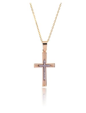 Χειροποίητος βαπτιστικός σταυρός 14 καρατίων μαζί με με την αλυσίδα του επίσης από χρυσό 14 καρατίων Κ14 και πέτρες ζιργκόν