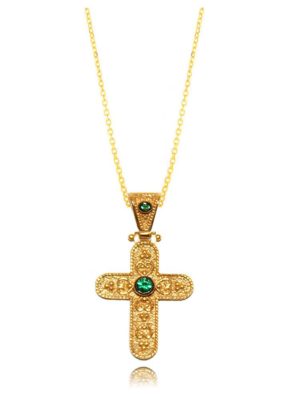 Βυζαντινός Σταυρός από επιχρυσωμένο ασήμι 925 με πράσινες πέτρες ζιργκόν