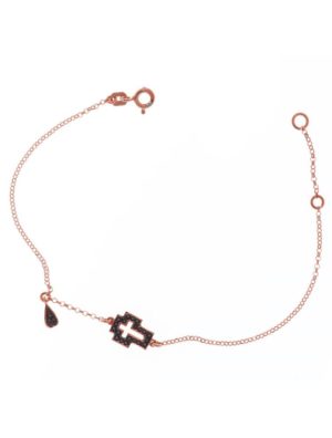 Διακριτικό βραχιόλι από ρόζ επιχρυσωμένο ασήμι με σταυρό και πέτρες ζιργκόν με κρεμαστό στοιχείο