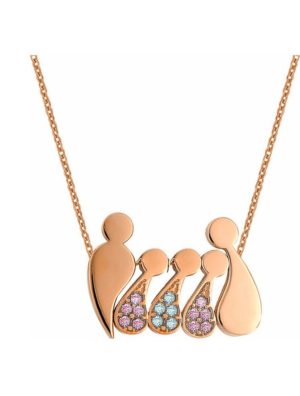Κολιέ οικογένεια μπαμπάς μαμά και παιδιά 2 κορίτσια και ένα αγόρι από ρόζ επιχρυσωμένο ασήμι με πέτρες ζιργκόν