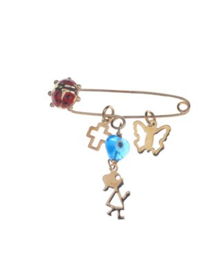 Παιδική παραμάνα φυλαχτό από χρυσό 9 καρατίων Κ9 με πασχαλίτσα πεταλούδα ματάκι σταυρό και κοριτσάκι