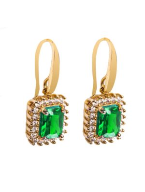 Εντυπωσιακά μακριά σκουλαρίκια ροζέτες από επιχρυσωμένο ασήμι με πράσινη και λευκές καρφωμένες πέτρες ζιργκόν