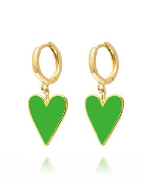 Σκουλαρίκια κρίκοι με καρδιές από επιχρυσωμένο ασήμι 925 με πράσινο σμάλτο