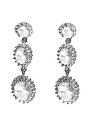 Εντυπωσιακά μακριά σκουλαρίκια ροζέτες από ασήμι με λευκές καρφωμένες πέτρες ζιργκόν