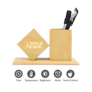 Επιτραπέζιο Ξύλινο Ρολόι Ξυπνητήρι με Μολυβοθήκη και Αισθητήρα Ήχου + Δόνησης N12154