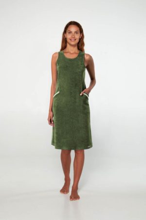 Γυναικεία Μονόχρωμο Frottee Φόρεμα VAMP 80% ΒΑΜΒΑΚΙ - 20% ΠΟΛΥΕΣΤΕΡ 20549, GREEN OIL