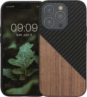 KWmobile Wood and Carbon Fiber - Σκληρή Ξύλινη Θήκη με TPU Bumper και Ανθρακονήματα - Apple iPhone 14 Pro - Dark Brown / Black / Walnut (61054.01) 61054.01